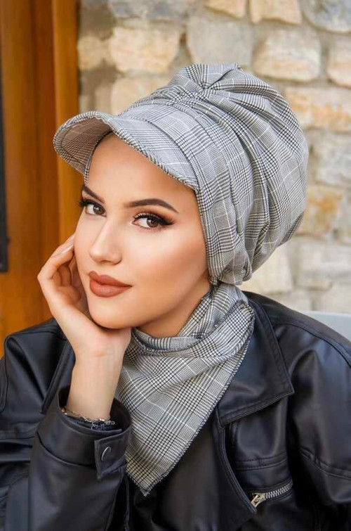 Gri Ekose Büzgülü Tesettür Şapka