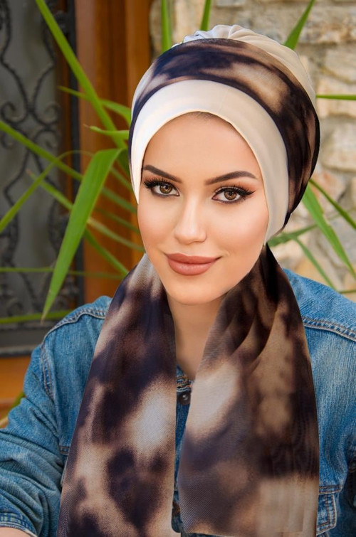 Kemik Kahve Batik Desen Fularlı Bone