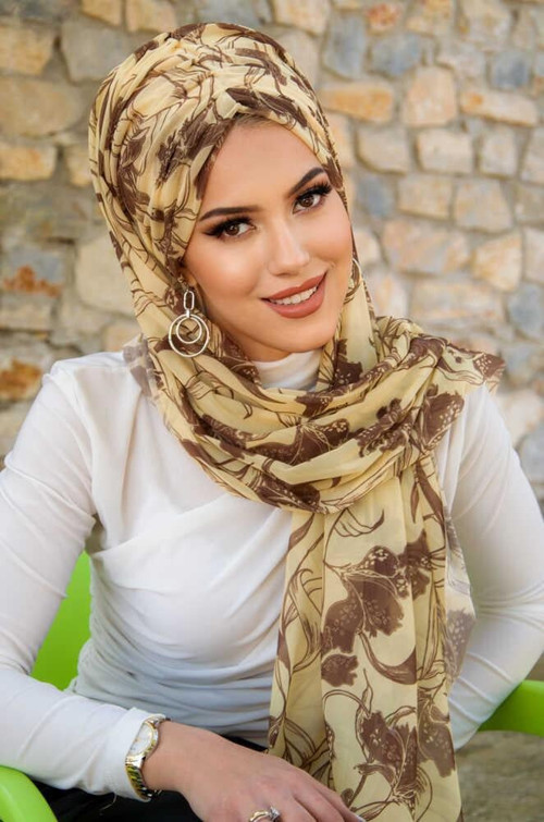 Uçuk Sarı Kahve Çiçek Desen Hazır Şal