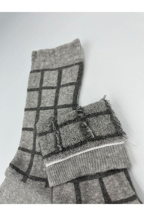 Kadın Kalın Yünlü Pamuk Kareli Renkli Kışlık Uzun Çorap Üşütmez Koku Yapmaz