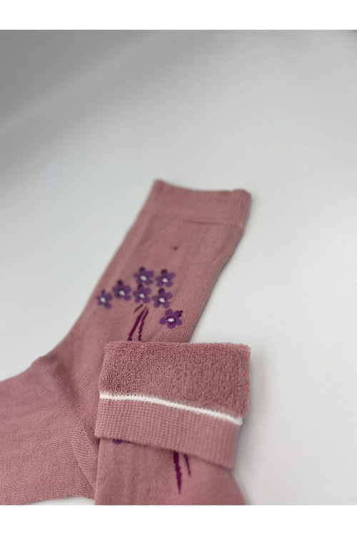 Kadın Kalın Yünlü Pamuk Çiçek Detaylı Renkli Kışlık Uzun Çorap Üşütmez Koku Yapmaz