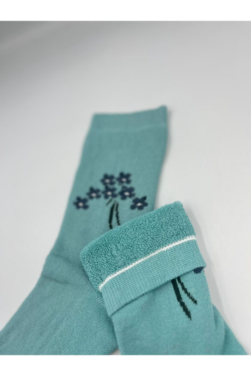 Kadın Kalın Yünlü Pamuk Çiçek Detaylı Renkli Kışlık Uzun Çorap Üşütmez Koku Yapmaz