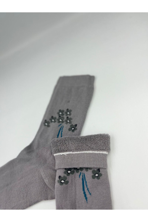 Kadın Kalın Yünlü Pamuk Çiçek Detaylı Renkli Kışlık Uzun Çorap Üşütmez Koku Yapmaz