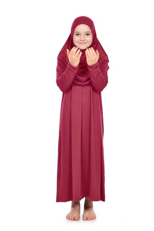 Pratik Başörtülü Tek Parça Kız Çocuk Namaz Elbisesi 9-11 Yaş Kırmızı