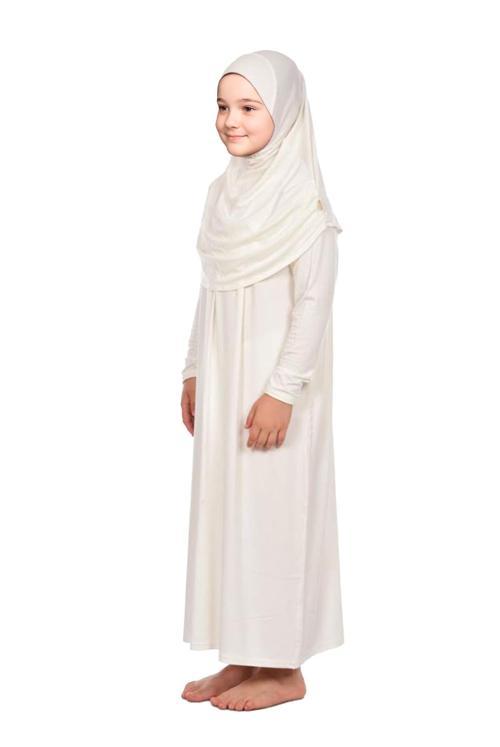 Pratik Başörtülü Tek Parça Kız Çocuk Namaz Elbisesi 9-11 Yaş Krem