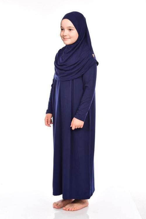 Pratik Başörtülü Tek Parça Kız Çocuk Namaz Elbisesi 9-11 Yaş Lacivert