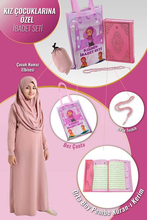 Kuran Kursları İçin Çantalı Kız Çocuk Namaz Elbisesi, Kuranı Kerim, Tesbih İbadet Seti Pembe