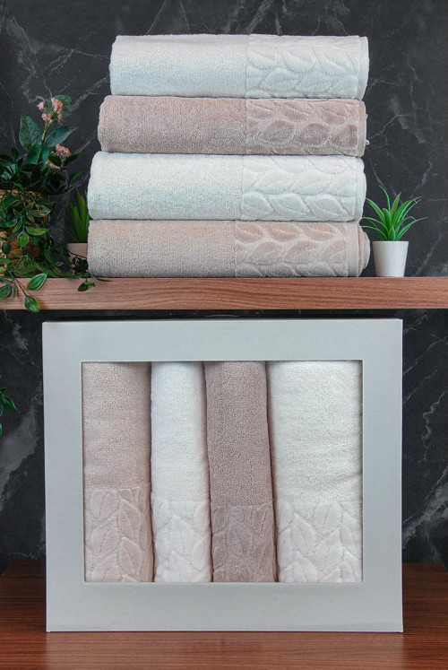 Hazal %100 Pamuklu Kutulu 4'lü Banyo Havlu Seti Hamam Takımı 50x90 - 90x150 Bej-Krem - 00081