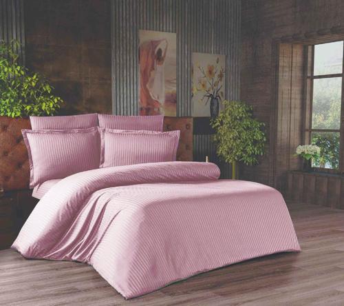 Çift Kişilik Çizgili Saten Nevresim Takımı - 200x220 - 6 Parça Pamuklu Yatak Seti - Gül Kurusu