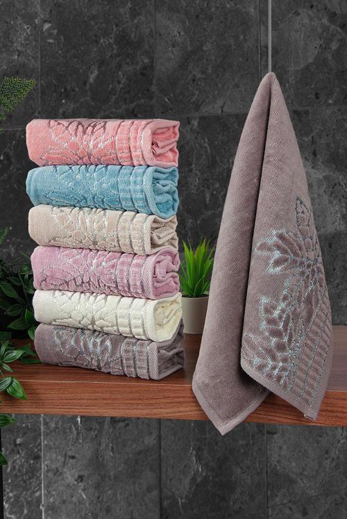 Çınar Jakarlı 6’lı Kadife Pamuklu El ve Yüz Havlu Seti 30x50 cm - 00434- Karışık Renkli