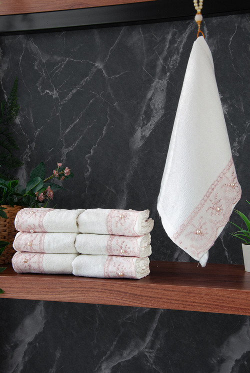 % 100 Pamuklu Kadife Güpürlü İnci Işlemeli 6 lı Çeyizlik El Yüz Havlu Seti - 30x50 cm - 04466 - Pembe