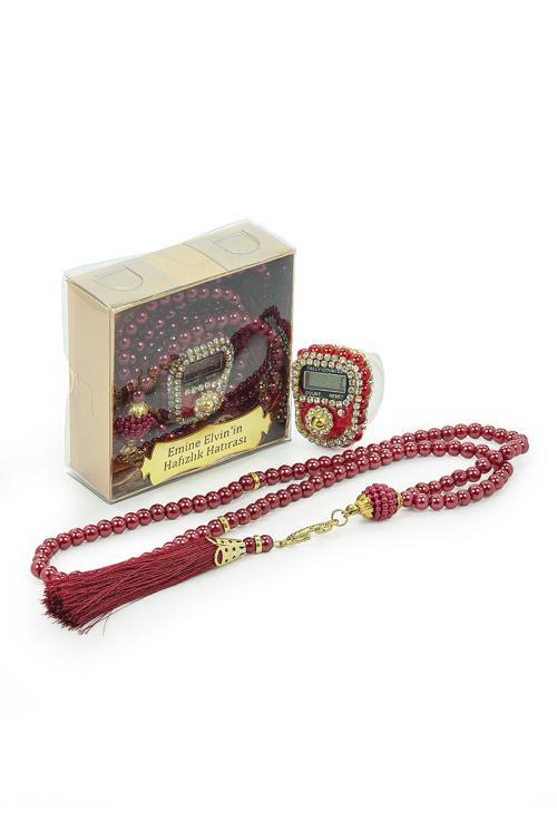 İsme Özel Kutulu İnci Tesbihli Taşlı Zikirmatik Mevlüt Hediyesi Kırmızı