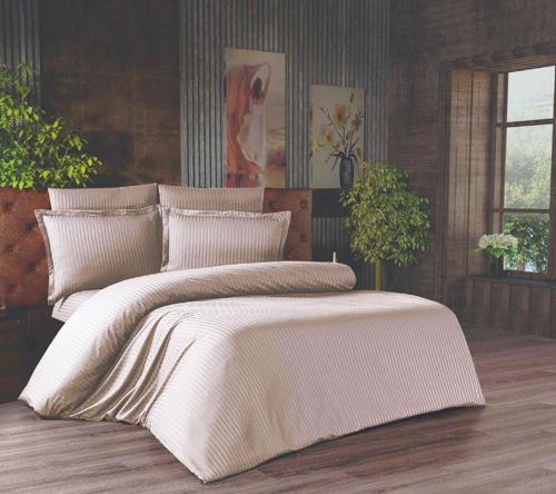 Çift Kişilik Çizgili Saten Nevresim Takımı - 200x220 - 6 Parça Pamuklu Yatak Seti - Kahverengi