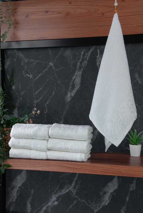 Dantelli Güpürlü Lüks %100 Pamuk Çeyizlik 6 lı El Yüz Havlu Seti 40X70 - Beyaz - 4400