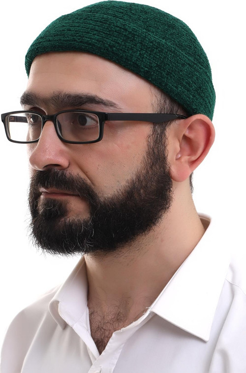Yeşil Katlamalı Sade Desen Kışlık Kadife Takke Şapka