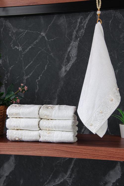 % 100 Pamuklu Kadife Güpürlü İnci Işlemeli 6 lı Çeyizlik El Yüz Havlu Seti - 30x50 cm - 04466 - Beyaz