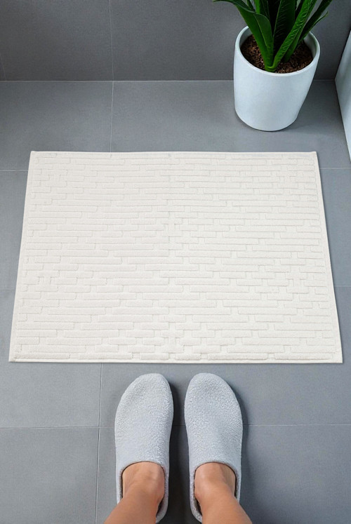 Tuğla Desenli 2li Ayak Havlusu - 50x70 cm - Su Emici Banyo Paspası Seti - Beyaz