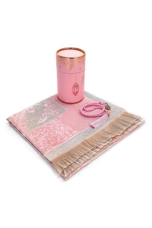 Seccadeli ve İnci Tesbihli Özel Silindir Kutulu Set Pembe