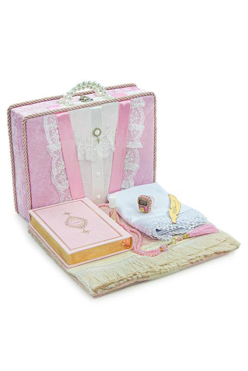 Sandıklı Gelin Bohçasına Uygun Kuranı Kerim ve Çeyizlik Seccade Seti Pembe