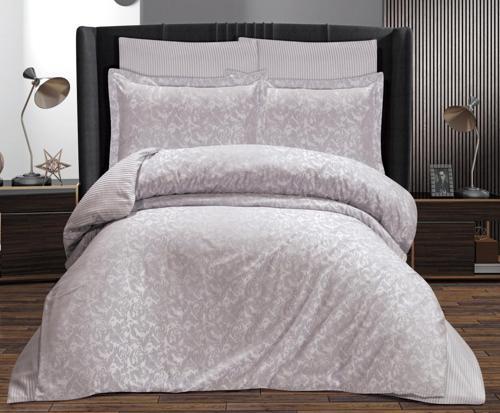 Çift Kişilik Sarmaşık Jakarlı Saten Double Nevresim Takımı - 200x220 - 7 Parça Pamuklu Yatak Seti - Gri