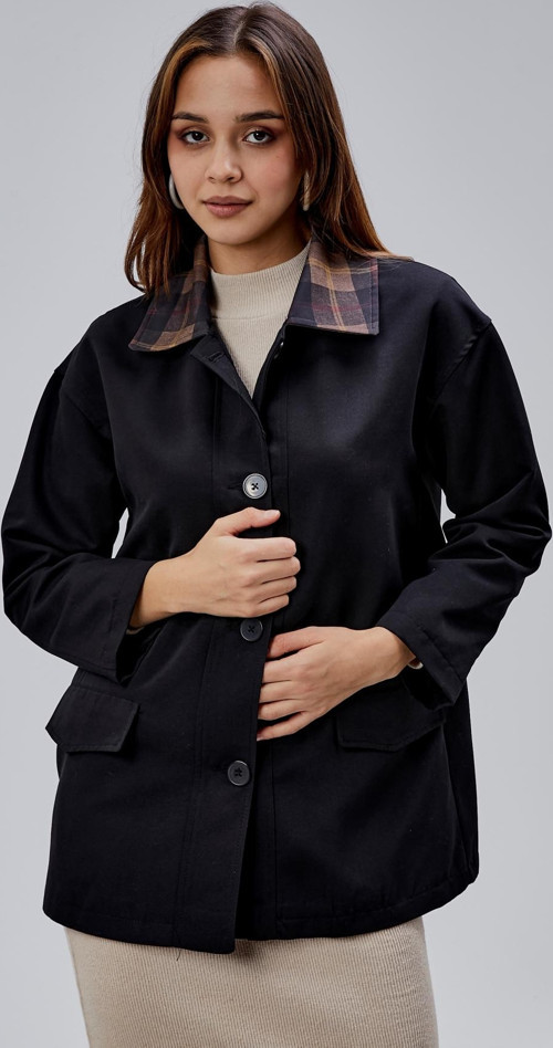 Mia Siyah Ekose Yaka Cepli Oversize Trençkot