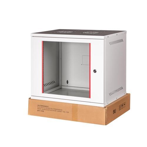 - 9U 19" Cam Kapaklı Duvar Tipi Rack Kabinet – Genişlik: 544 mm | Derinlik: 400 mm – Açık Gri (Demonte)