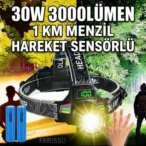 Ultra Güçlü 30W LED Sensörlü Kafa Lambası - 3000 Lümen, Dijital Şarj Göstergeli, Type-C Şarjlı