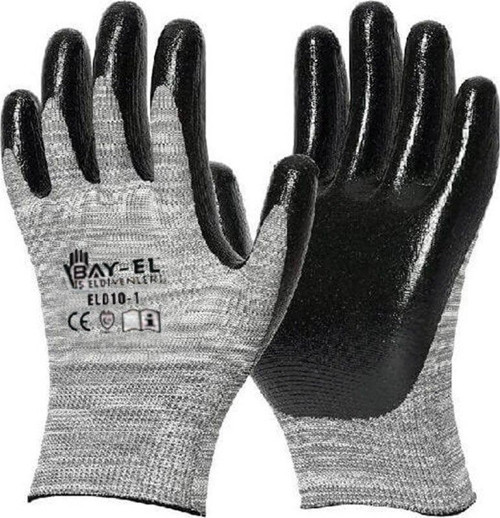 BAY-EL EL005 No:10 Siyah 1/2 Nitril Kaplı Örme Gri Kırçıl Naylon Eldiven