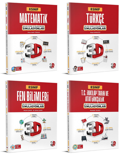 3D 2025 8. Sınıf Lgs Matematik + Türkçe + Fen + İnkılap Similasyon Deneme Seti 4 Kitap Tam Set