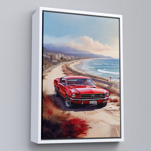Çerçeveli Sahil Kenarındaki Kırmızı Mustang Tablo-7770