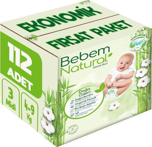 Bebem Bebek Bezi Natural Beden:3 (4-9Kg) Midi 112 Adet Ekonomik Fırsat Pk