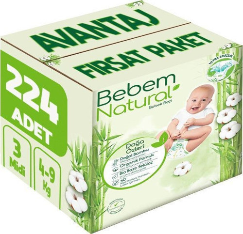 Bebem Bebek Bezi Natural Beden:3 (4-9Kg) Midi 224 Adet Avantaj Fırsat Pk