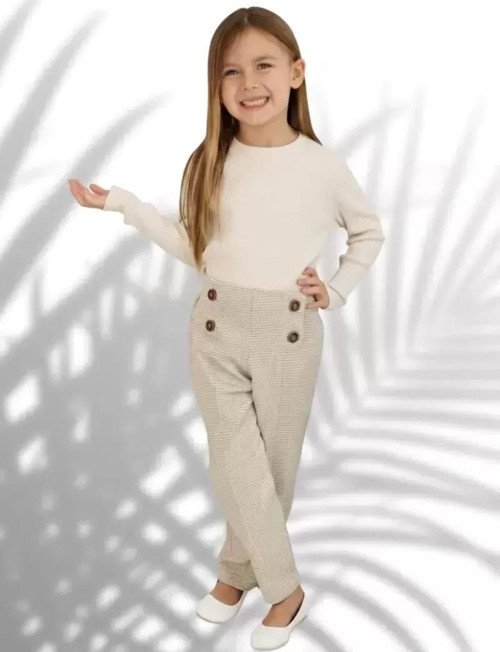 Ekose Pantolonlu Krem Renk Kız Çocuk Takım