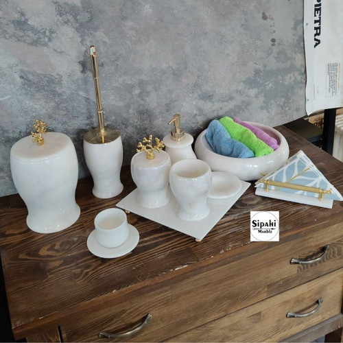 Beyaz Mermer Mercan Aparatlı 10 Parça Banyo Seti