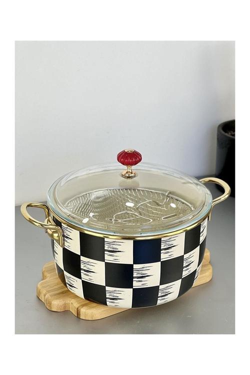 Kitchen Beyond Dama Desen Siyah-krem Emaye 22 Cm Telli Kızartma Tenceresi 0249