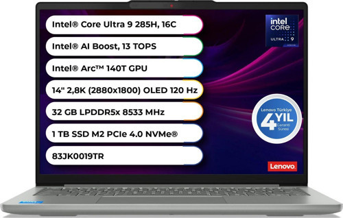 IDEAPAD PRO 5 14IAH10 Ultra 9 285H 32GB LPDDR5x-8533 1 TB Freedos 14" OLED 2.8K 83JK0019TR