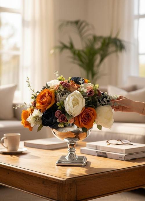 Yapay Çiçek Aranjmanı Gümüş Renk Metal Vazolu Arajman Nişan Kız İsteme Çiçeği Somon Lacivet Krem