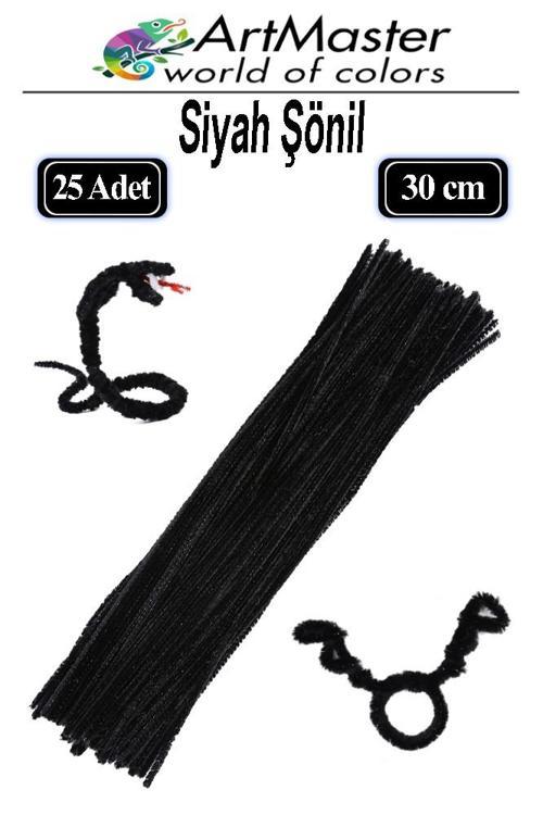 Şönil Siyah 30 cm 25 Li 1 Paket Renkli Tüylü Tel Şönil Pipo Temizleyici Okul Öncesi Anasınıfı Kreş Hobi Eğitici