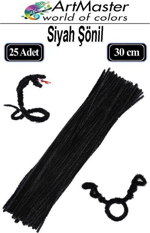 Şönil Siyah 30 cm 25 Li 1 Paket Renkli Tüylü Tel Şönil Pipo Temizleyici Okul Öncesi Anasınıfı Kreş Hobi Eğitici