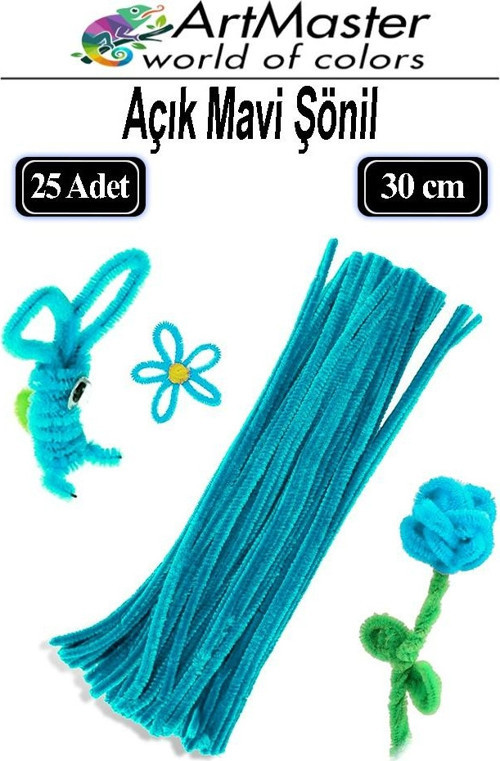 Şönil Açık Mavi 30 cm 25 Li 1 Paket Renkli Tüylü Tel Şönil Pipo Temizleyici Okul Öncesi Anasınıfı Kreş Hobi Eğitici