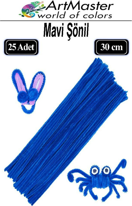 Şönil Mavi 30 cm 25 Li 1 Paket Renkli Tüylü Tel Şönil Pipo Temizleyici Okul Öncesi Anasınıfı Kreş Hobi Eğitici