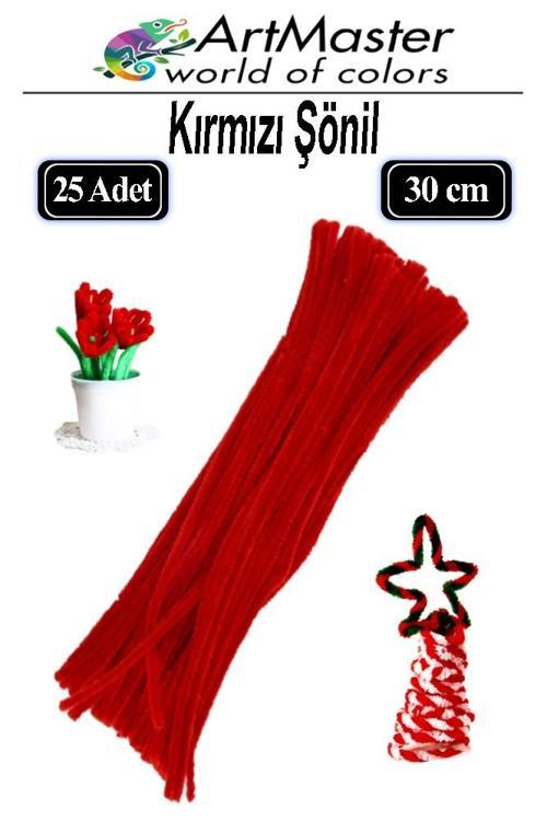 Şönil Kırmızı 30 cm 25 Li 1 Paket Renkli Tüylü Tel Şönil Pipo Temizleyici Okul Öncesi Anasınıfı Kreş Hobi Eğitici