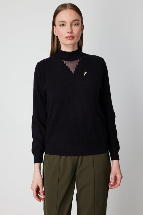 Kadın Yakası Tül Detaylı Pamuklu Triko Kazak 60342 Siyah