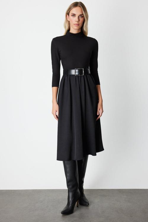 Kadın Beli Kemerli Mix Kumaş Midi Elbise 64410 Siyah