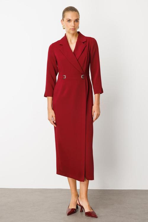 Kadın Beli Aksesuarlı Cepli Kruvaze Elbise 6626 Bordo