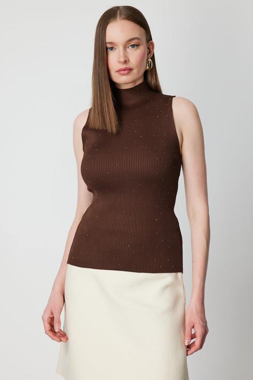 Kadın Taşlı Kolsuz Triko Bluz 66375 Kahverengi