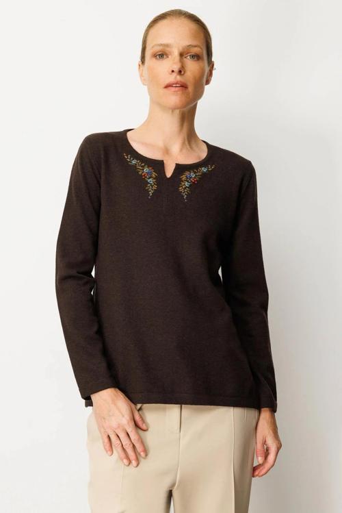 Kadın Sıfır Yaka Yaka Kenarı İşlemeli Yün Bluz 25036 Koyu Kahve