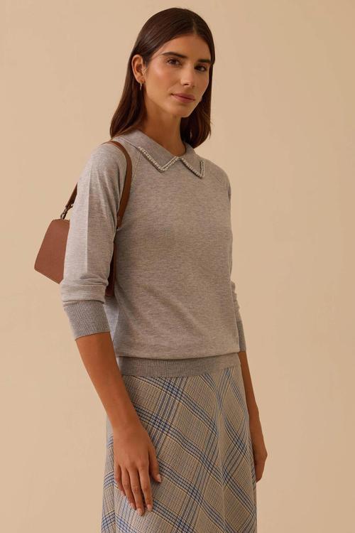 Kadın Boncuk Detaylı Bel Boy Triko Bluz 0008 Gri