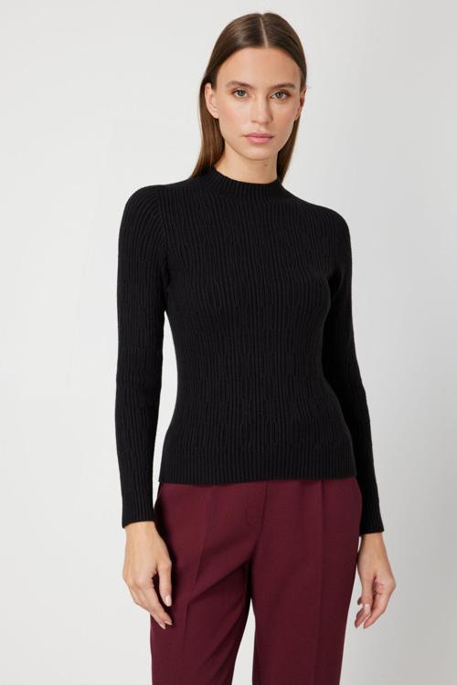 Kadın Sıfır Yaka Örgü Desenli Triko Kazak 69314 Siyah