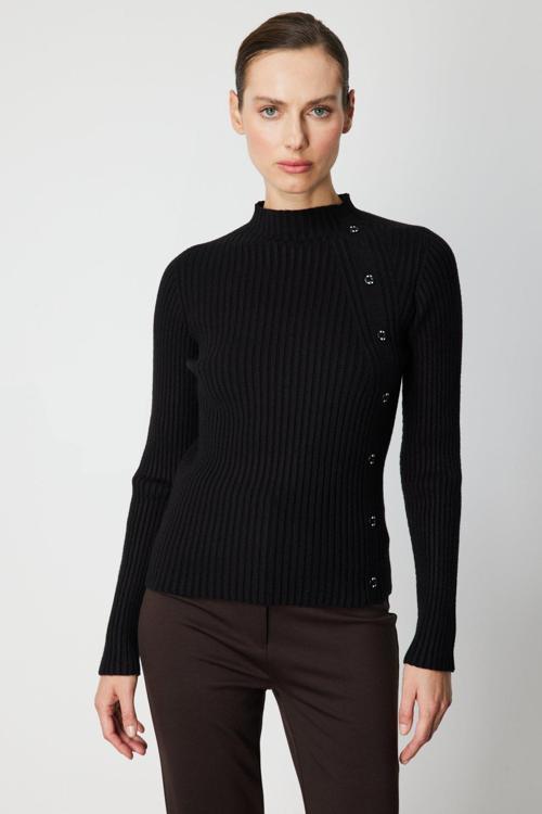 Kadın Süs Düğmeli Fitilli Triko Kazak 69312 Siyah